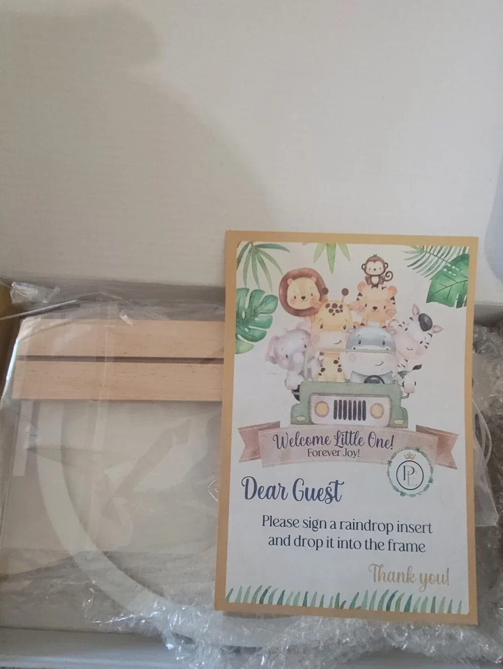 Wooden Baby Shower Guestbook Frame with Jungle Theme Card - Neutral Wood